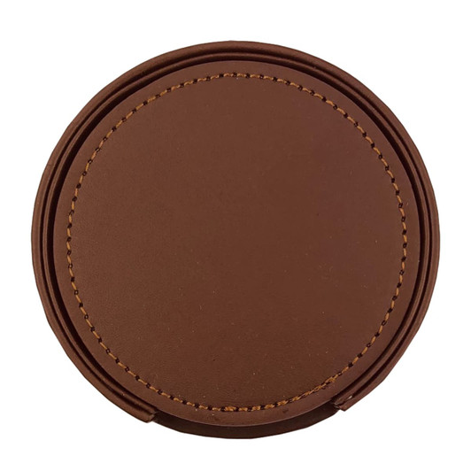 A brown leather coaster with decorative stitching, part of a set of six. It features a circular design and includes branding.
