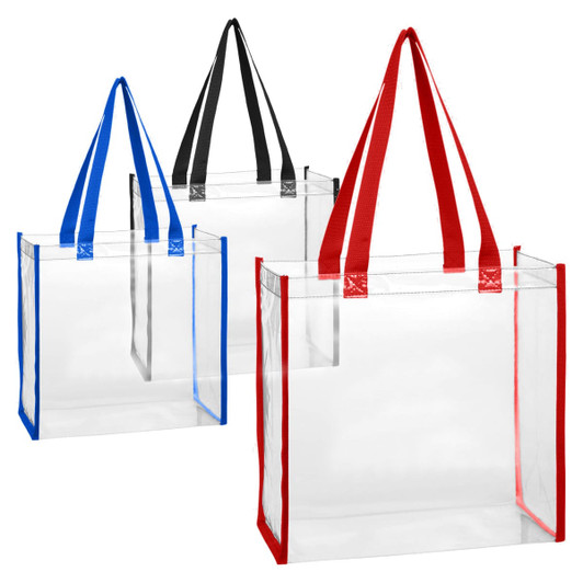Three clear tote bags with blue, black, and red handles are displayed. Each bag has a simple design and is transparent.