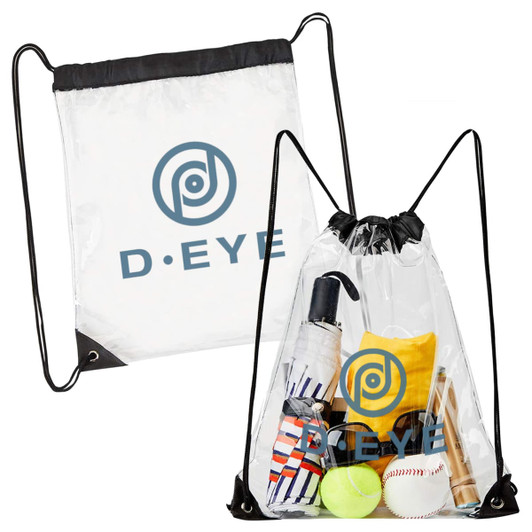 A clear drawstring backpack with black trim, filled with sports equipment and a drink bottle, featuring a logo.