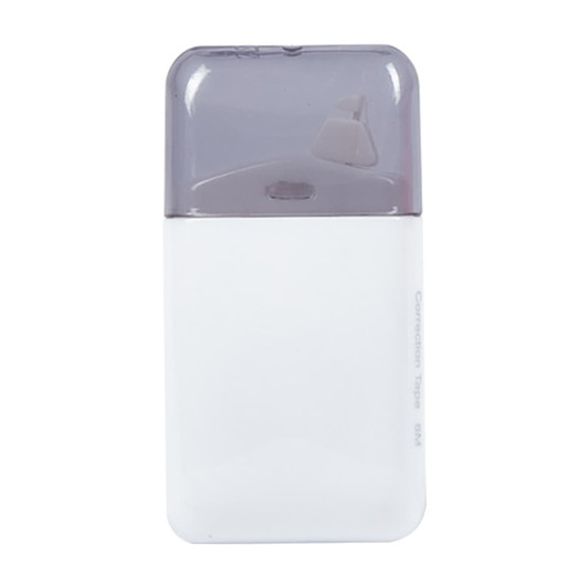 A correction tape dispenser in white with a grey top, featuring a compact design and a logo.