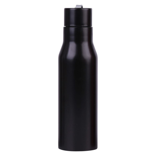 A drink bottle in sleek black with a threaded lid and a minimalist design. It features a branding logo.