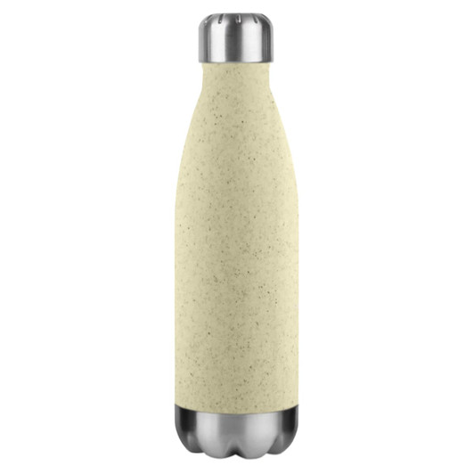 A drink bottle in a light beige colour made from wheat straw, featuring a stainless steel base and a silver lid.