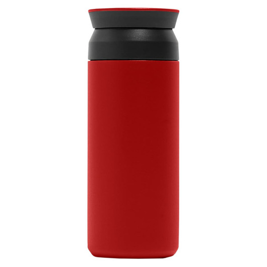 A drink bottle in vibrant red with a black lid, featuring a sleek design and a logo. Ideal for beverages.