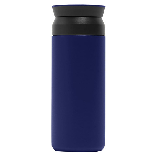 A drink bottle in navy blue with a black lid and a simple design featuring a logo.