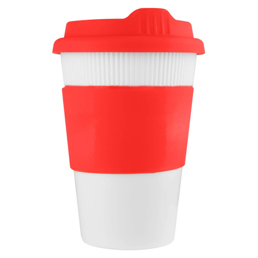 A drink bottle features a white body and a bright red silicone band and lid, with a logo on the side.