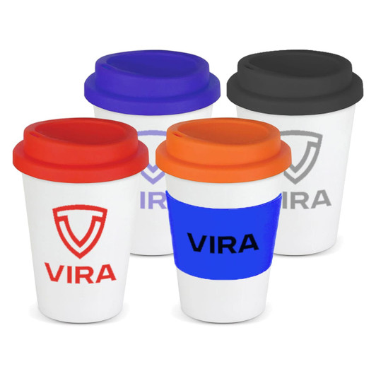 A drink bottle set featuring four reusable coffee cups in white with coloured silicone lids: red, blue, orange, and black.