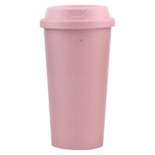 A reusable coffee cup in soft pink with a matching lid and a logo feature.