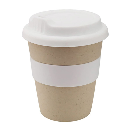 A reusable coffee cup in natural brown with a white band and lid, ideal for eco-friendly beverages.