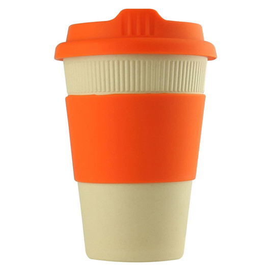 A reusable coffee cup in beige with an orange lid and grip, featuring a logo on the side.