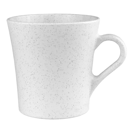 A drink cup in white with a speckled design and a handle, featuring a logo. Ideal for reusable coffee use.
