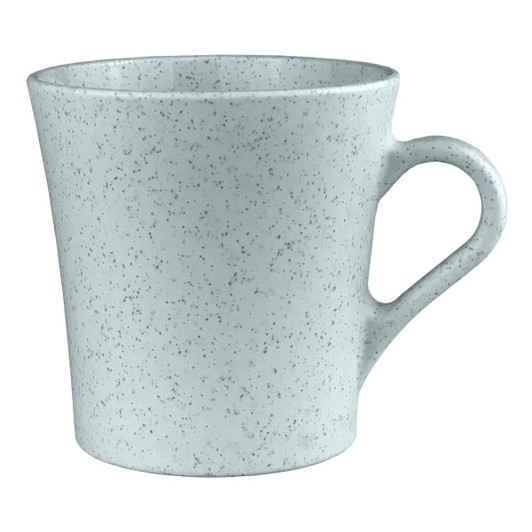 A drink cup in speckled light blue with a curved handle, made from sustainable wheat straw material.