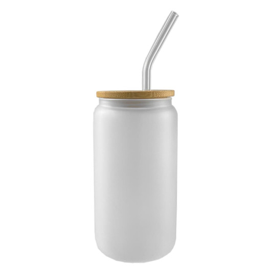A frosted glass tumbler with a bamboo lid and stainless steel straw, designed for beverages.