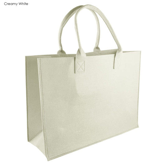 Creamy white tote bag with sturdy handles and a simple design, featuring a logo on one side.