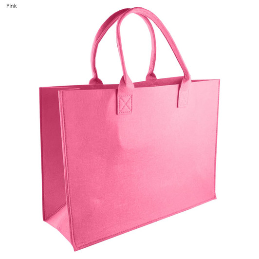 A pink tote bag with two handles, featuring a structured design and a simple, solid colour.