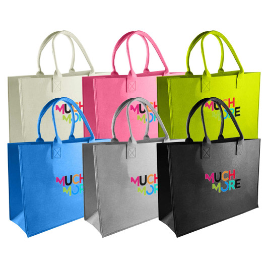 Avenue Felt Shopper bags in six colours: black, grey, blue, pink, green, and cream, each with a handle and a logo.