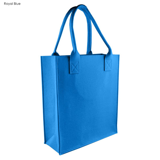 A royal blue tote bag with two handles and a simple, seamless design. Features a branding logo.