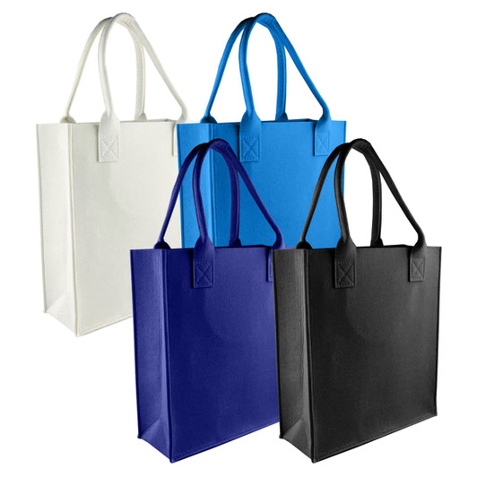 Four felt tote bags in white, blue, navy, and black, featuring sturdy handles and a simple design. Each bag has a logo.