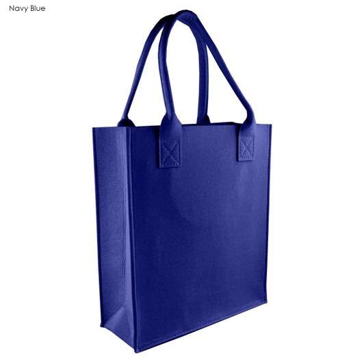A navy blue tote bag with two handles, featuring a simple design and an attached logo.
