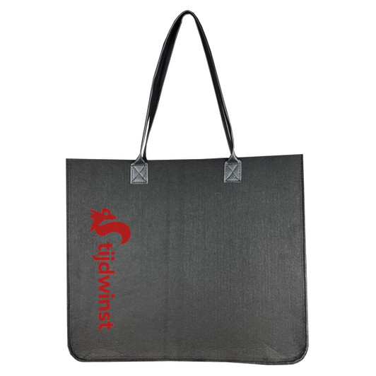 A black tote bag with long handles and a logo on one side.