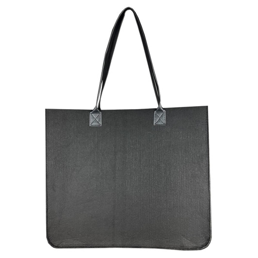 A black tote bag with two handles and a simple design. It features a logo on one side.