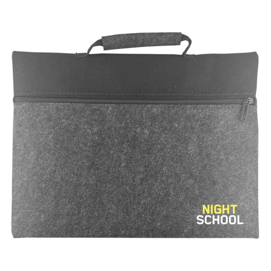 A grey felt carry case with a black zip and handle, featuring a logo in yellow.