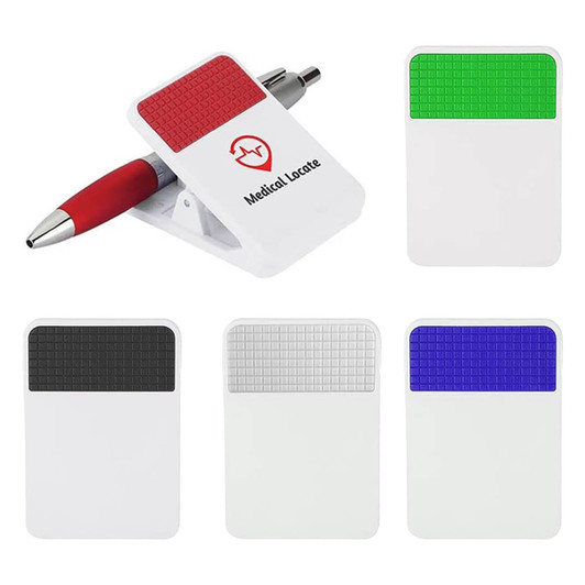A fridge magnet clip in white with colour options in green, black, grey, and blue, featuring a pen.