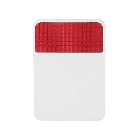 A white fridge magnet clip with a textured red top. Includes a logo on the surface.
