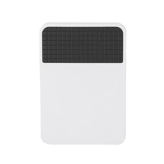 A white fridge magnet clip with a textured black grip area at the top and a smooth white surface below.