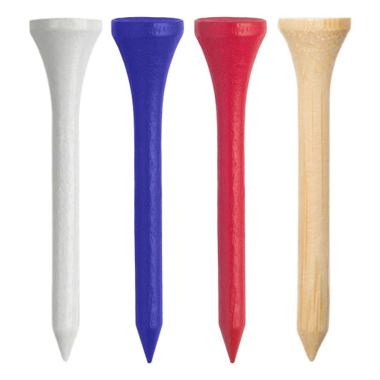 A set of four golf tees in white, blue, red, and natural wood colour, with a logo on some.