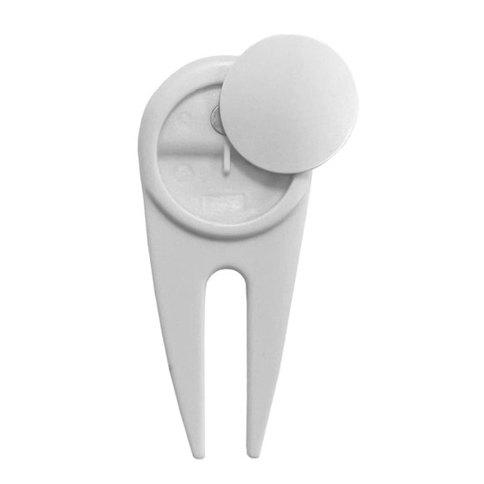 A white plastic golf divot repairer, featuring a circular top and a two-pronged base for repairing turf.