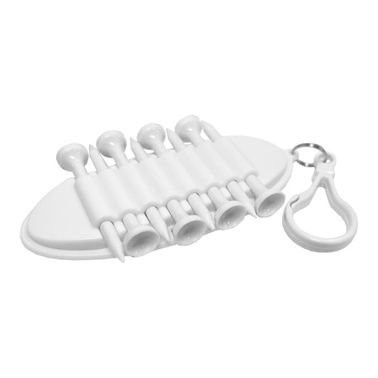 A white golf tee holder with multiple slots for tees and a clip for attachment.