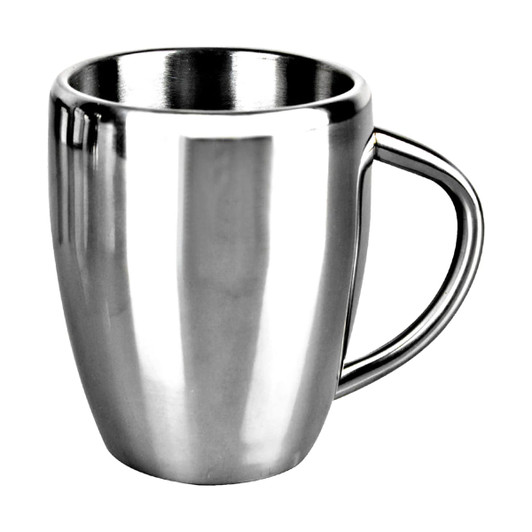 A drink bottle featuring a sleek stainless steel design with a curved body and a handle. It has a logo on it.