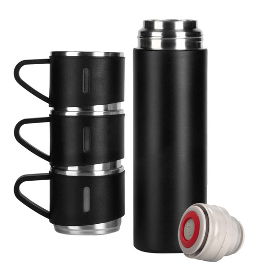 A drink bottle and three matching black mugs with stainless steel accents. Includes a lid.