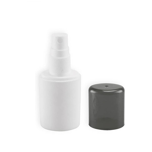 A white 30ml hand sanitiser spray bottle with a grey cap, featuring a spray nozzle.