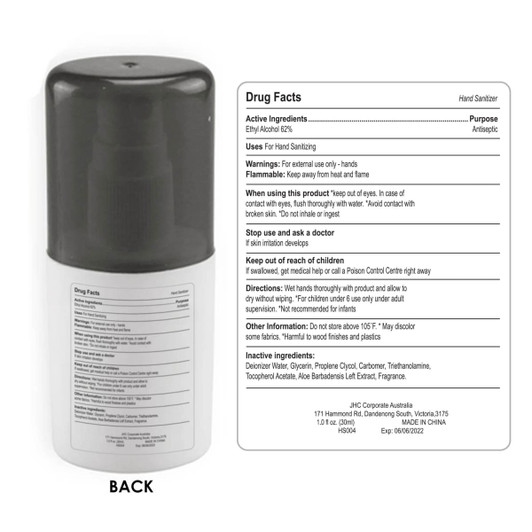A 30ml hand sanitiser spray with a black lid and a white body, featuring a logo and detailed product information.