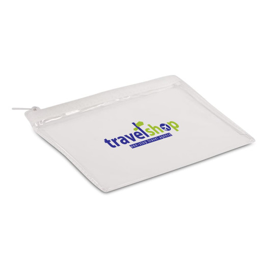 A transparent zippered pouch featuring the logo of "travelshop" in green and blue.