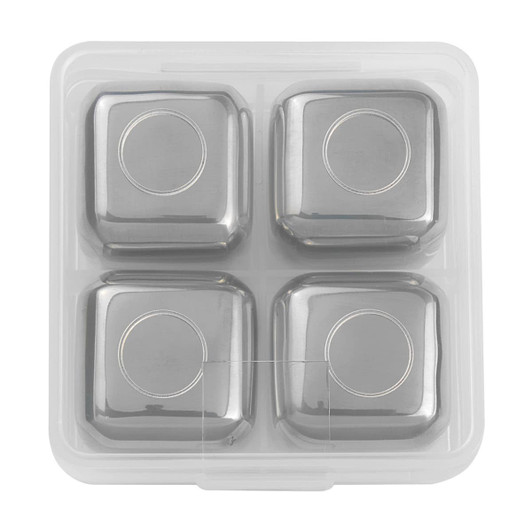 A set of four silver whiskey ice cubes in a clear plastic storage box. Each cube is square-shaped with rounded edges.