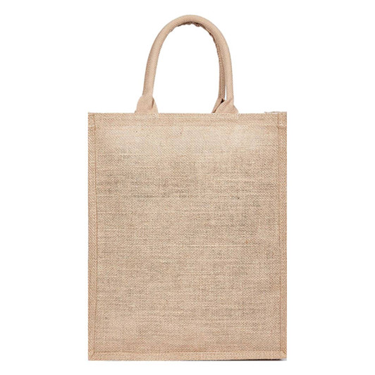A beige jute bag with sturdy handles and a plain design, featuring a branding logo.
