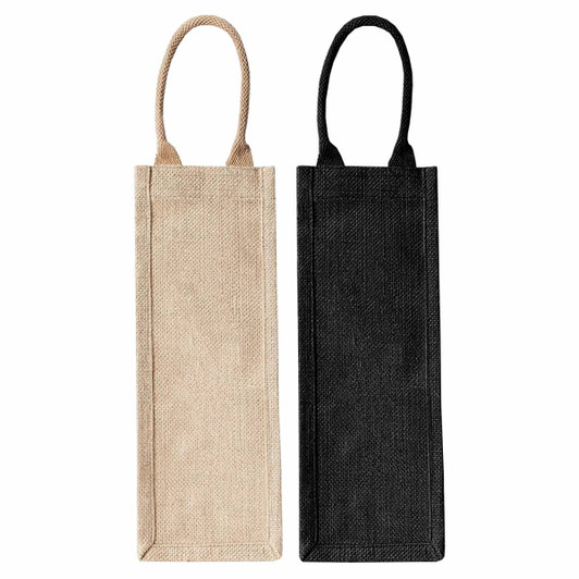 A jute wine carrier featuring two colours: one in natural beige and the other in black, both with handles and branding.