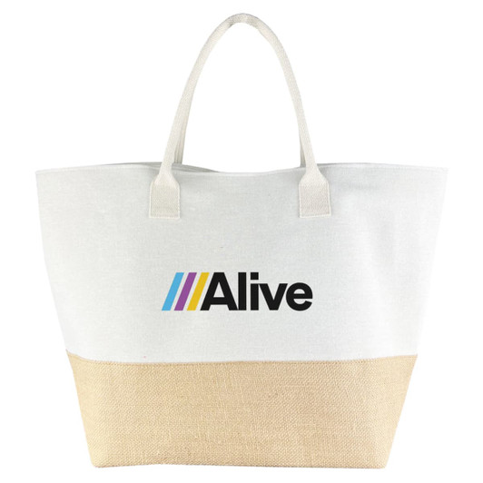 A large tote bag in cream and jute, featuring a logo on the front.