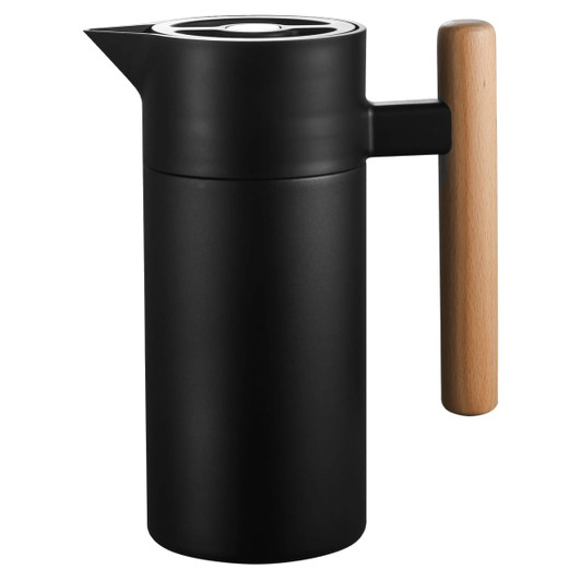 A drink bottle in matte black with a wooden handle and a spout, featuring a logo on the side.