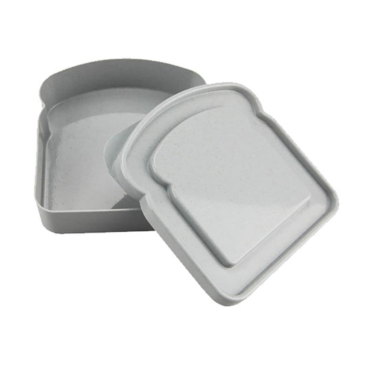 A grey bamboo sandwich box with a lid, featuring a rounded top and a smooth finish. It includes a logo.