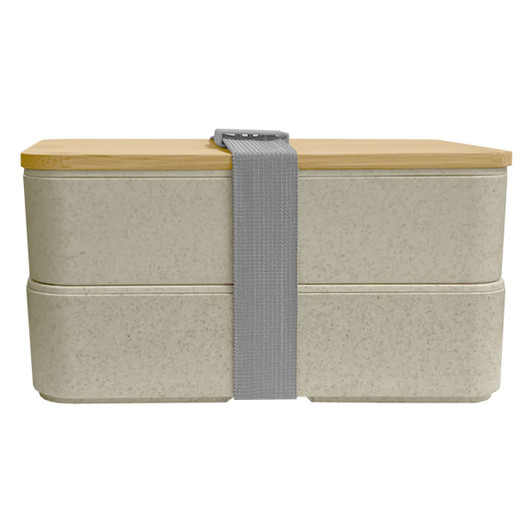 A wheat straw lunch box pack in grey with a bamboo lid, secured by a grey strap. It features a two-tier design.