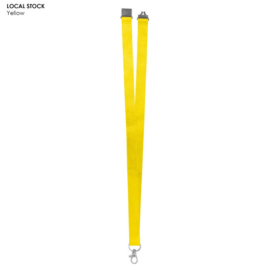 A yellow polyester lanyard, 20mm wide, featuring a clip and a logo, ideal for exhibitions and events.