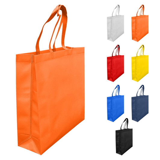 An orange laminated non-woven tote bag with large gusset and shoulder straps, available in various other colours.