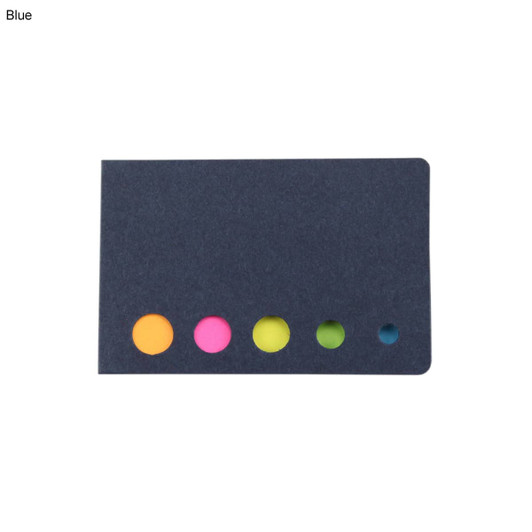 A blue sticky note pad with five round sticky flags in orange, pink, yellow, green, and blue, featuring a logo.