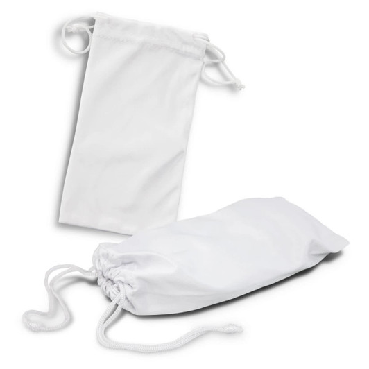 A set of two white microfiber pouches with drawstring closures, featuring a smooth texture and a simple design.