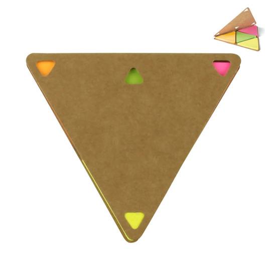 A triangular sticky note holder in brown with colourful sticky notes in neon pink, green, and orange. Includes a logo.