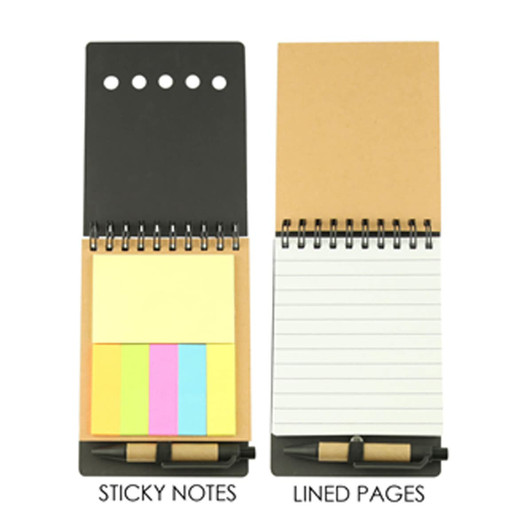 A notepad featuring colourful sticky notes in yellow, pink, and blue, alongside lined pages and a pen. It has a logo.