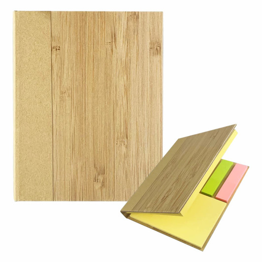 A bamboo sticky note set featuring a wooden cover with various coloured sticky notes in yellow, pink, and green.